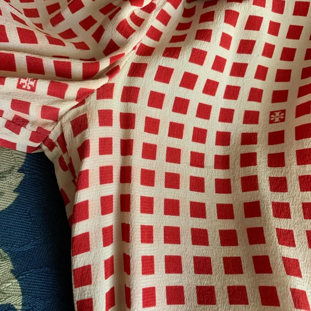 Tory Burch Cream Blouse with Red Grid Print